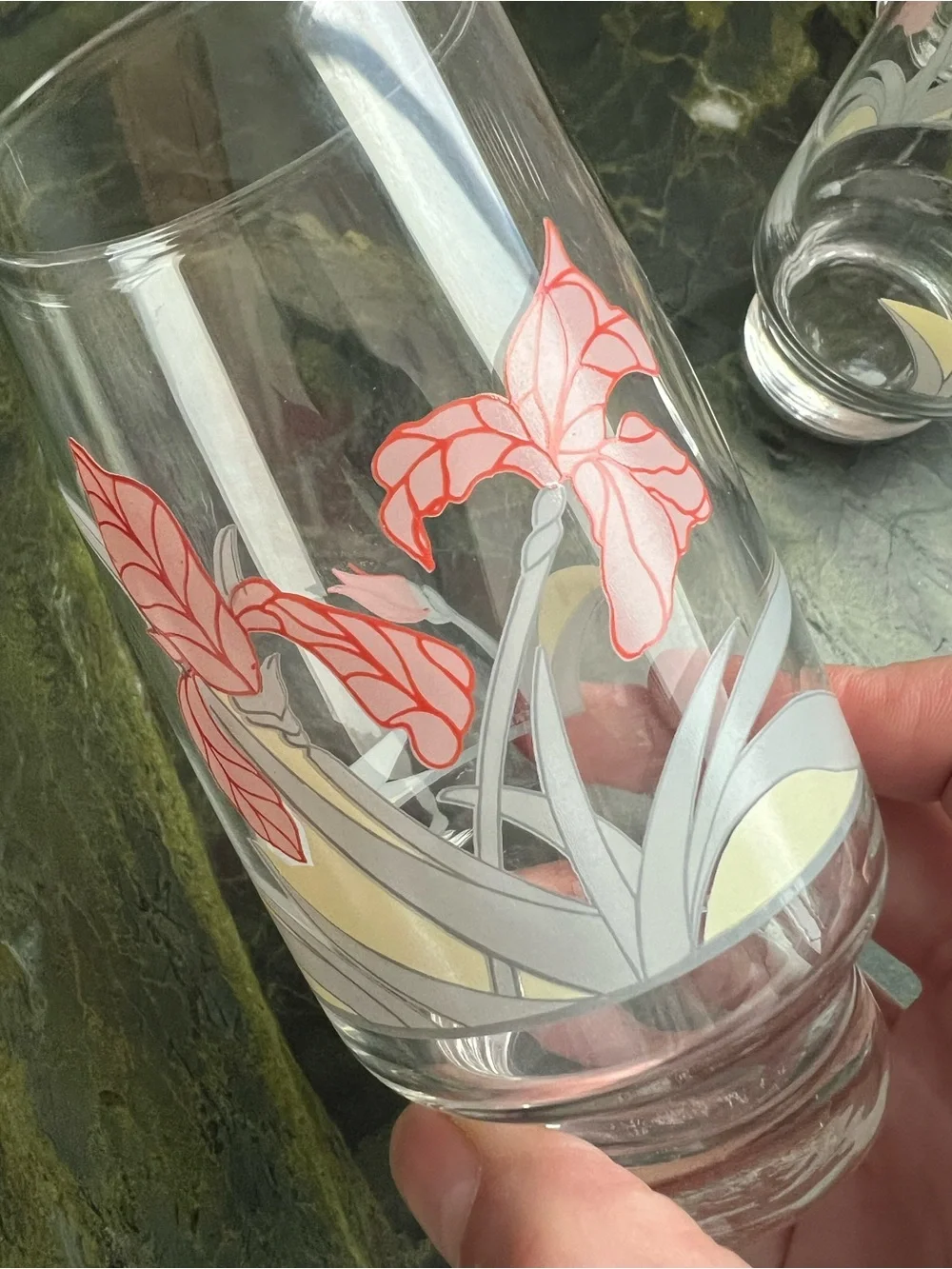 Vintage Diana iris glasses  Set~4 drinkware   1970s pink floral glass tumblers